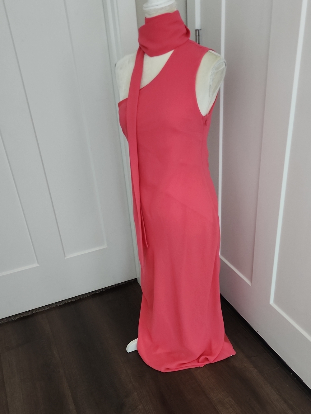 Ronny Kobo One Shoulder Coral Maxi Dress with Neck Scarf Sz 8
